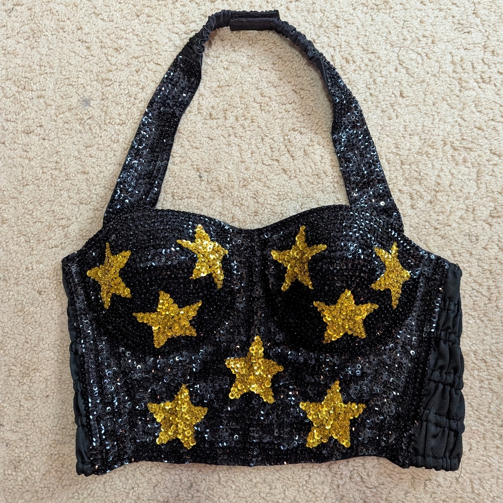 Black And Gold Star Sequin Bedazzled Bustier Crop Halter Top
